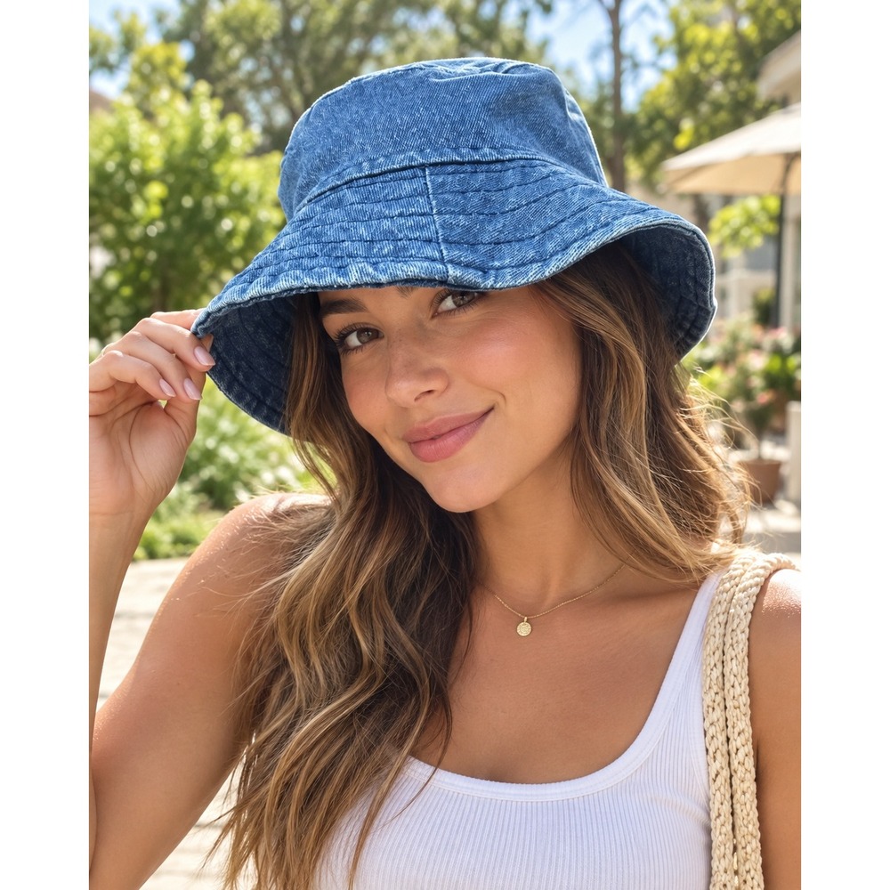 Vintage 90s Denim Bucket Hat Blue Cotton Wide Brim Made Hong Kong RN 83521